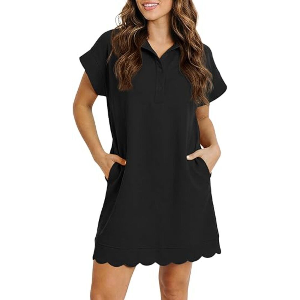 Women's Green Blend Collared V Neck Short Sleeve A Line Casual Mini Dress